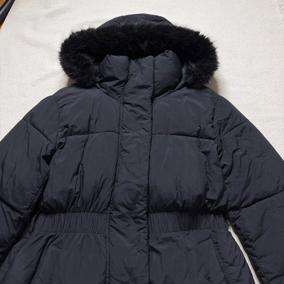 GAP Primaloft Puffer Midi Coat Black Fur Trim Hooded Winter Jacket M - Picture 6 of 13